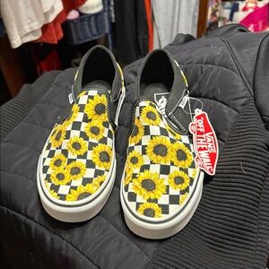 Vans Womens Sunflower Checkered Slip-On Sneakers - Black and Yellow